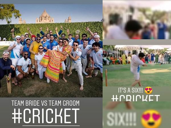 Team groom and team bride indulge in a game of cricket at Nickyankaâs mehendi 